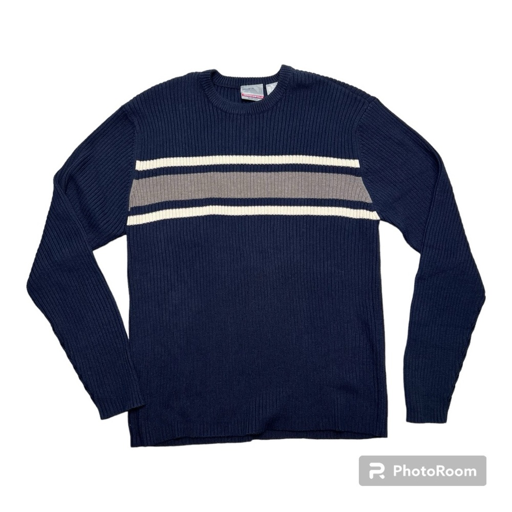 Aeropostale Men’s Vintage Y2K Slim Fit Navy Crème/Gray Stripe Pullover Sweater